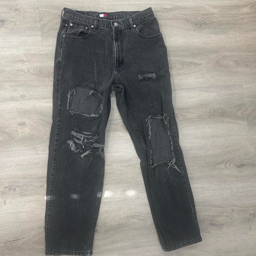 Vintage Tommy Hilfiger Distressed Dark Grey Baggy, Straight Leg Jeans